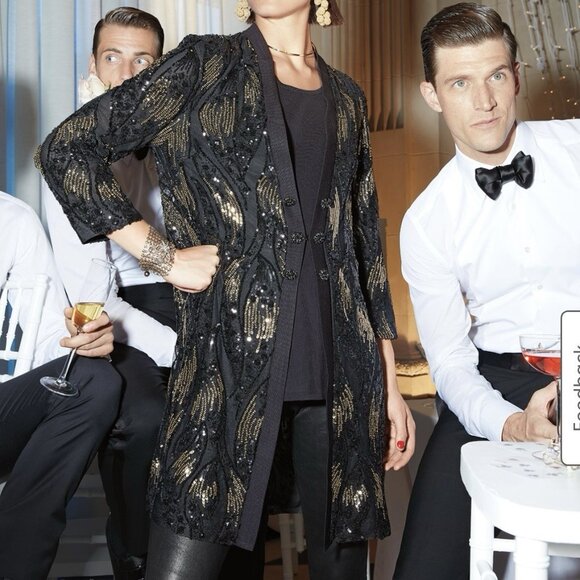Misook Sequin Mesh Duster Jacket Black Gold Size PXL - Picture 10 of 12